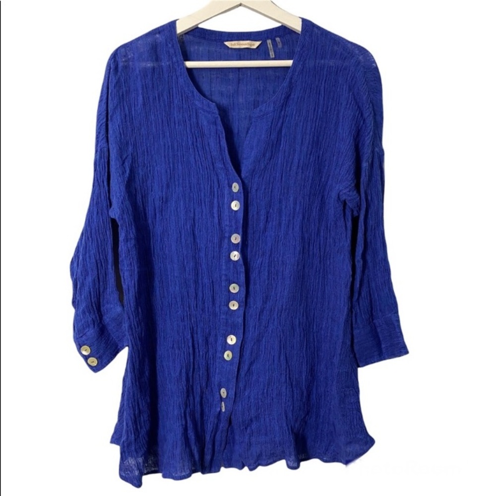 Soft Surroundings Blue Button Down Linen Blend 3/4 Sleeve Wrinkle Effect Shirt S